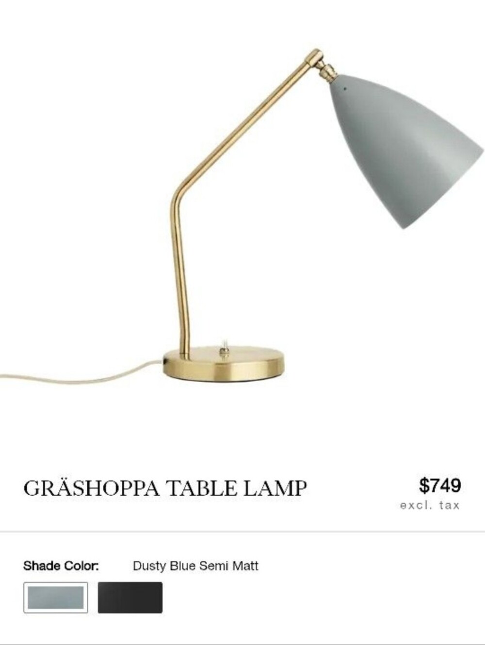 GUBI Grasshoppa-Style Desk Lamp in Dusty Blue and Brass.